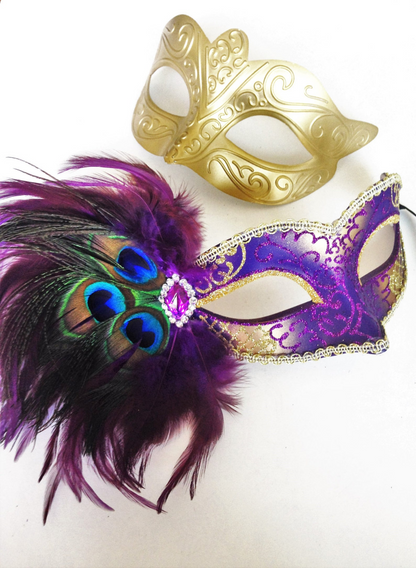 Mardi Gras masquerade mask set with gold baroque men’s mask and purple peacock feather women’s mask.