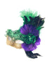  Colorful masquerade mask in green, purple, and gold with black feathers and floral accents