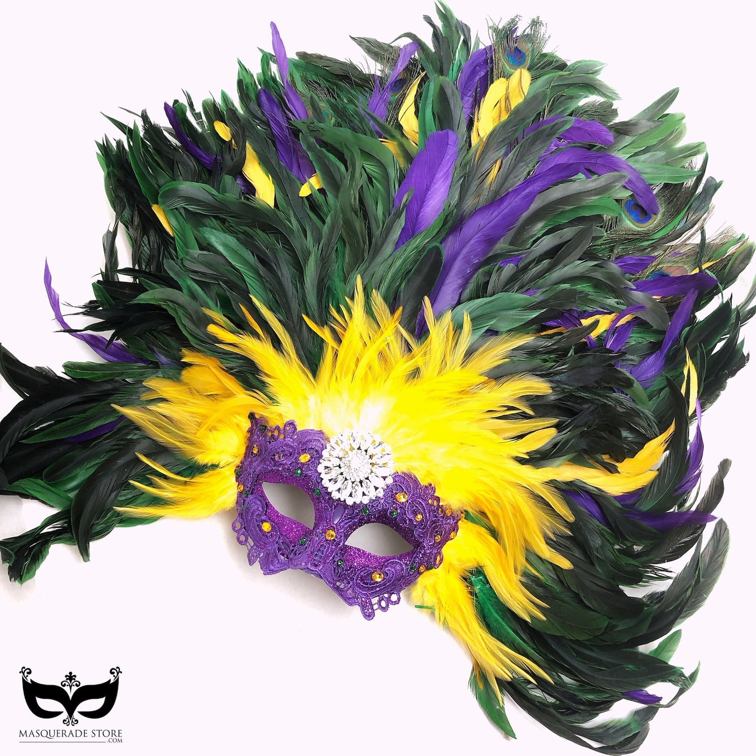 Colorful Mardi Gras feather mask in traditional carnival colors with dramatic plumes and sparkling details