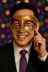 Festive men’s masquerade mask with Mardi Gras colors and swirling design details