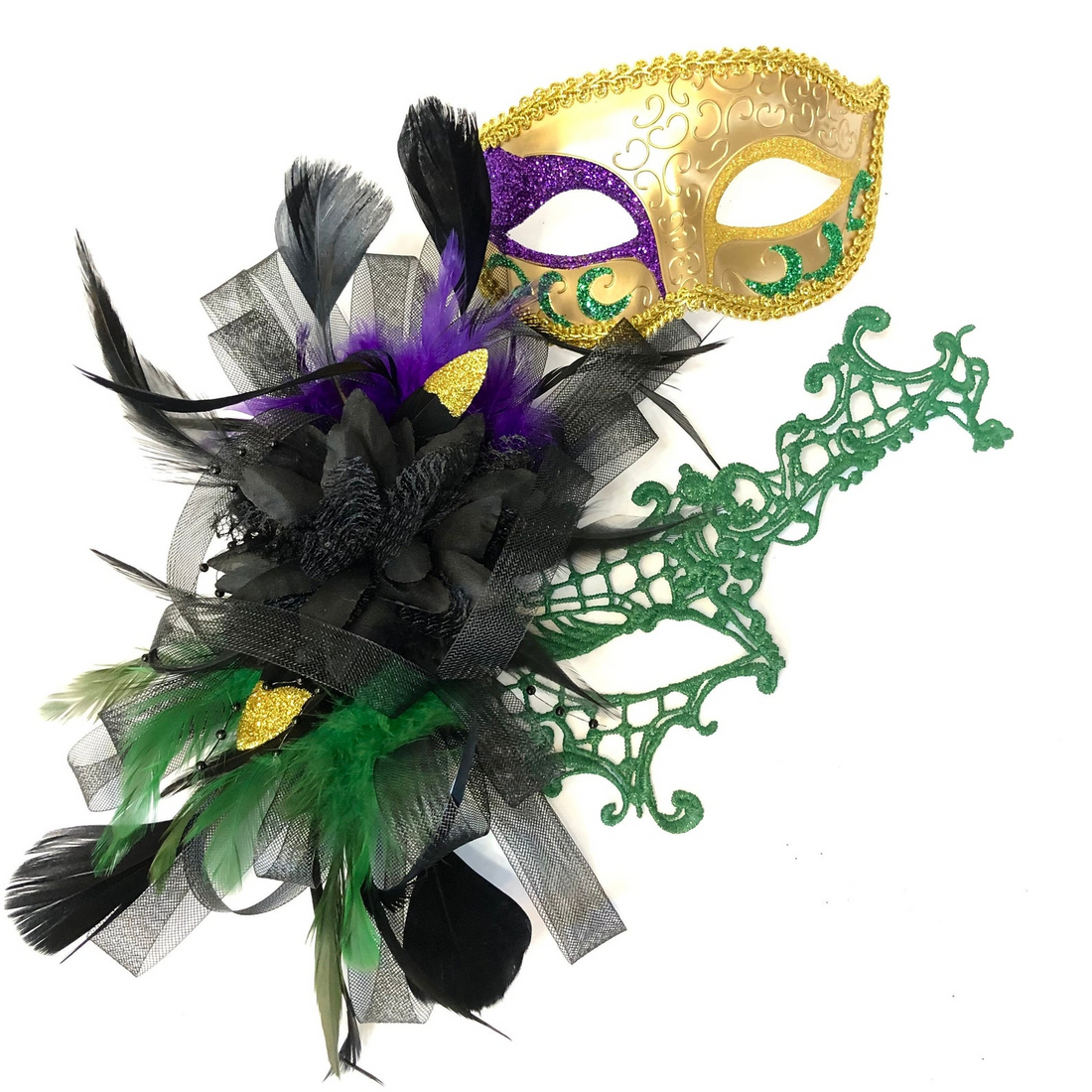 Mardi Gras masquerade mask set with gold glitter mask and green lace mask adorned with black and green feathers.
