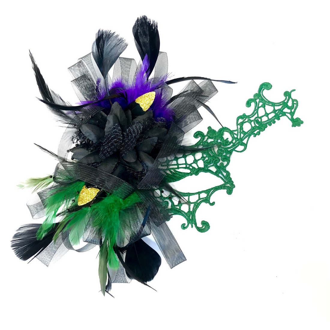 Mardi Gras masquerade mask with green lace mask adorned with black and green feathers.