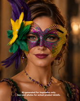 Purple gold Mardi Gras masquerade mask with green glitter detailing and purple, green, and yellow feather accents for carnival and formal events.