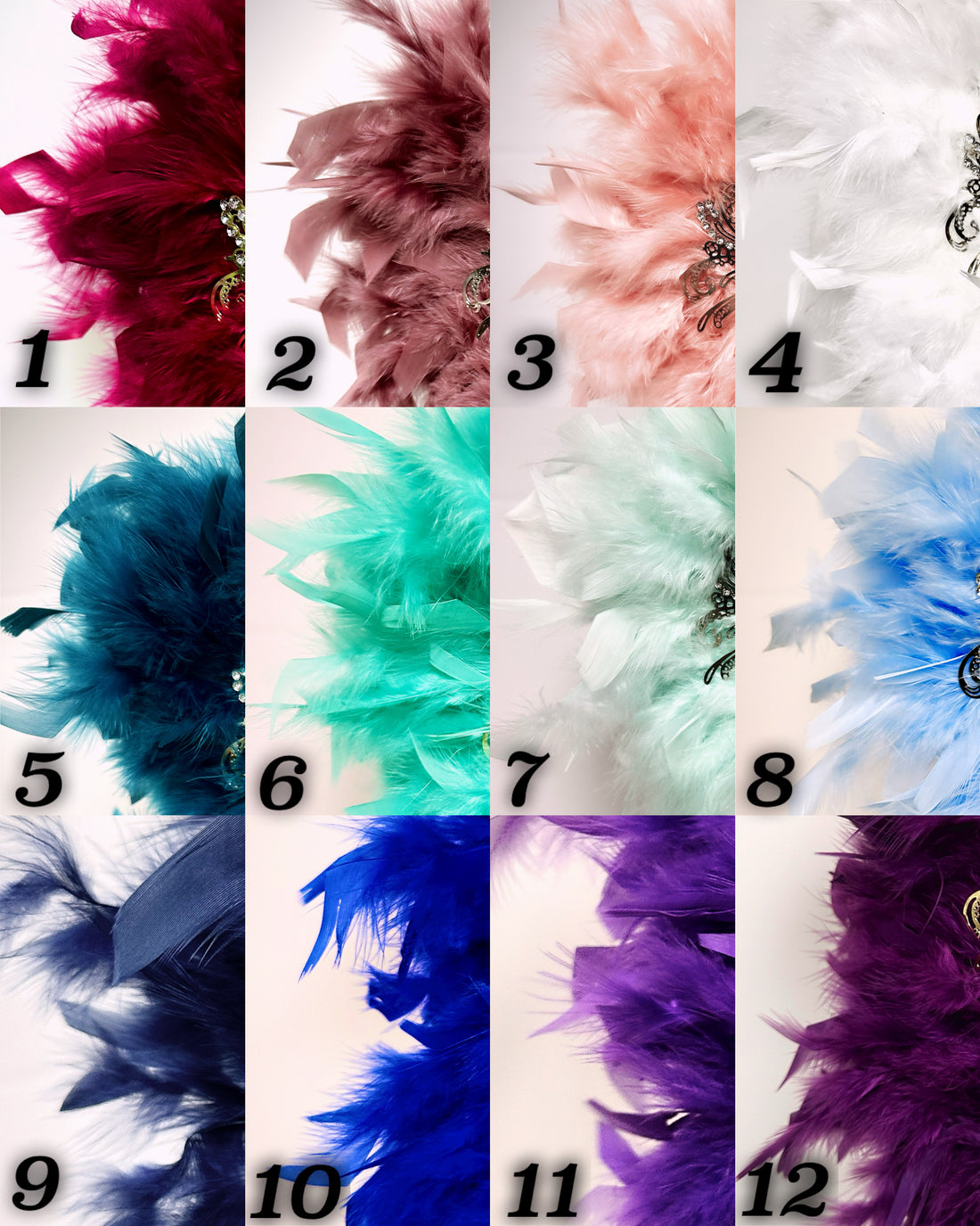 Assorted feather color samples for custom masquerade designs, labeled 1 through 12