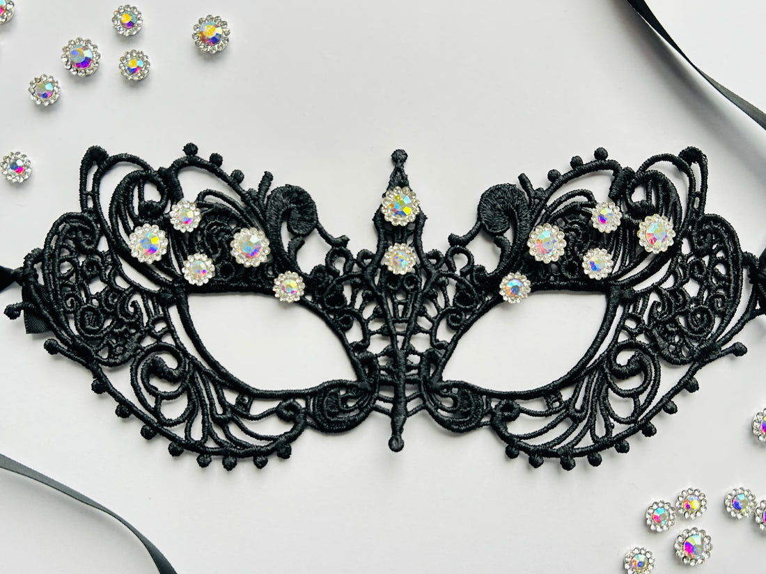 Black rhinestone lace masquerade mask for Venetian gala parties and formal evening events.