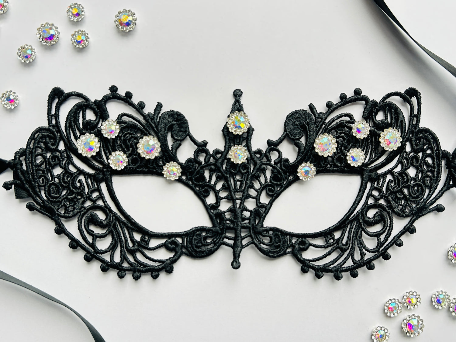 Black rhinestone lace masquerade mask for Venetian gala parties and formal evening events.