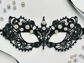Black rhinestone lace masquerade mask for Venetian gala parties and formal evening events.