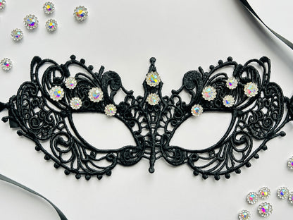 Black rhinestone lace masquerade mask for Venetian gala parties and formal evening events.