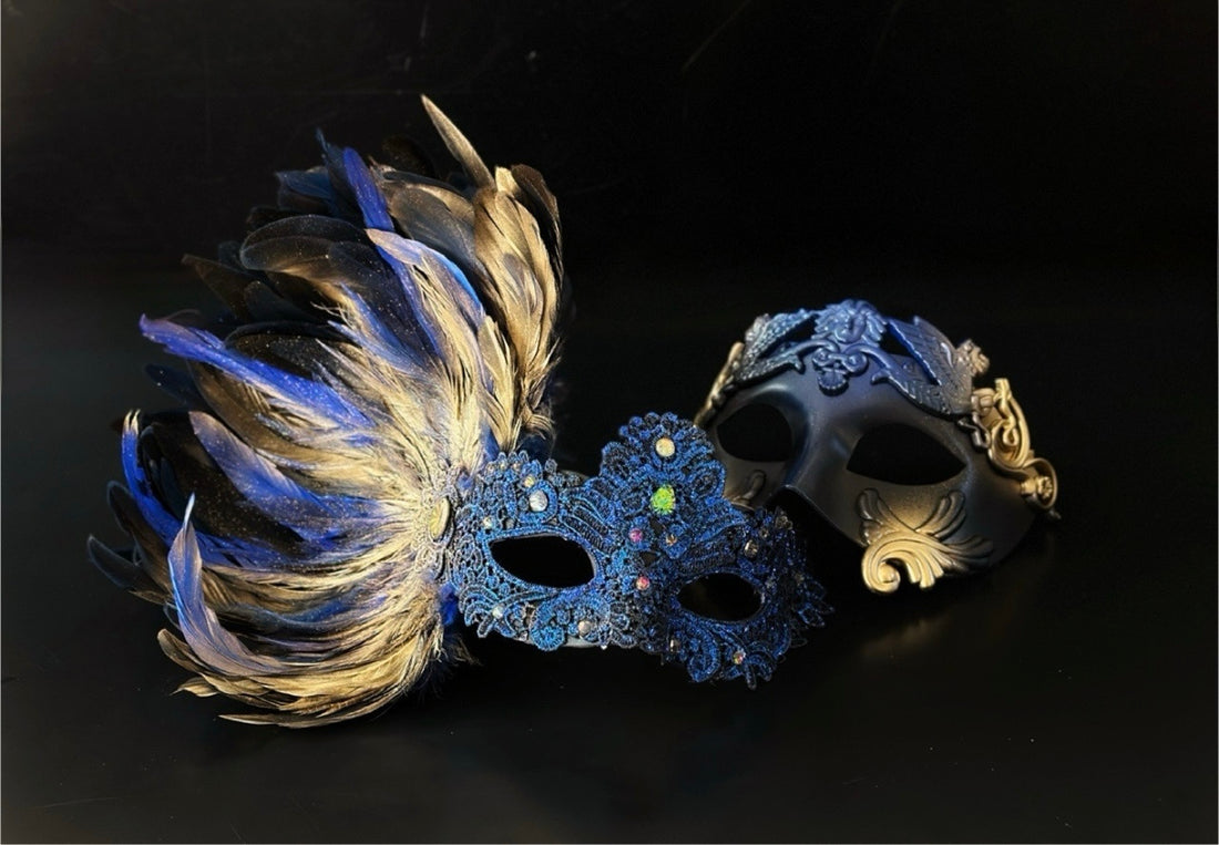 Blue feather masquerade mask set with lace accent for formal costume events.