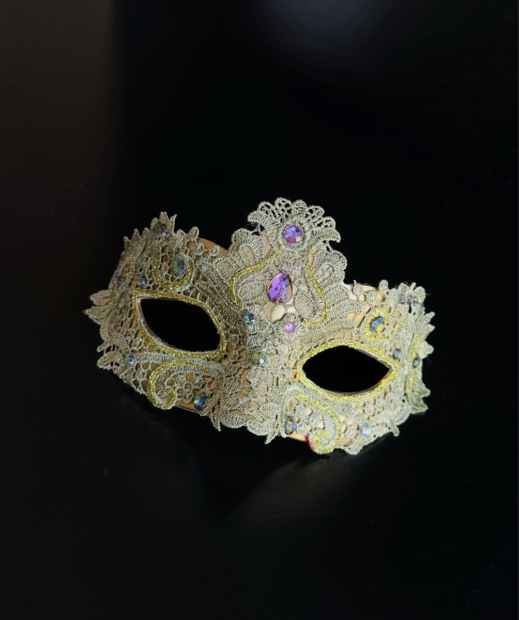 Gold lace masquerade mask with crystal details for weddings, galas, and formal masquerade occasions.