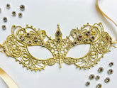 Gold rhinestone lace masquerade mask for Venetian ballroom parties and formal gala events.
