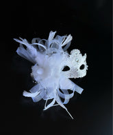White lace masquerade mask with feather detail for bridal weddings and formal masquerade events.