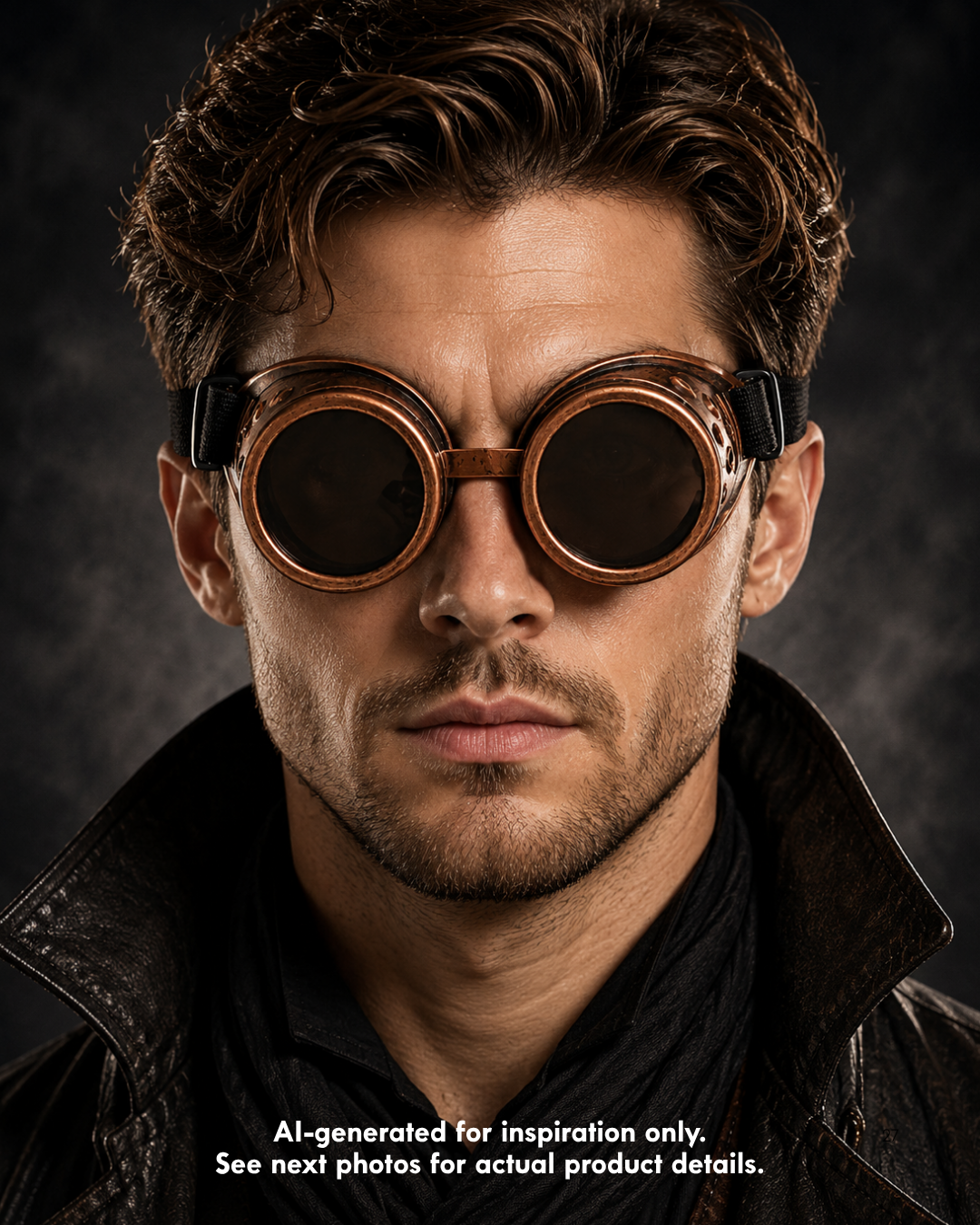 Antique copper Foundry steampunk goggles with dark round lenses, distressed metallic frames, decorative side vents, and adjustable black strap.
