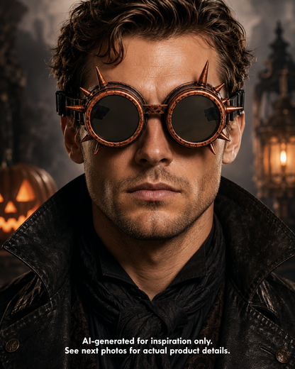 Antique copper Irongear steampunk goggles with dark round lenses, distressed metallic frames, pointed spikes, and adjustable black strap.