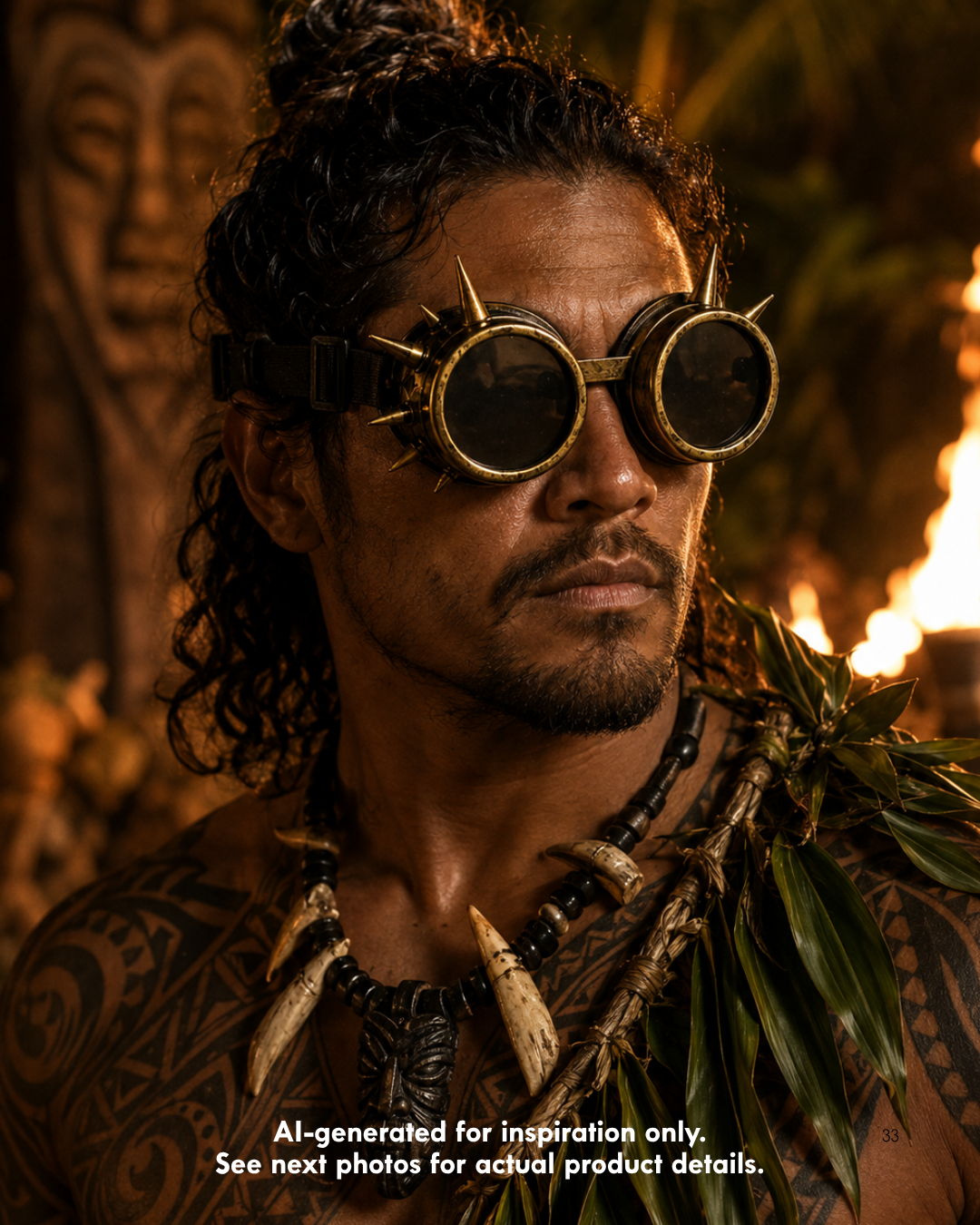 Antique gold Irongear steampunk goggles with dark round lenses, distressed metallic frames, pointed spikes, and adjustable black elastic strap.