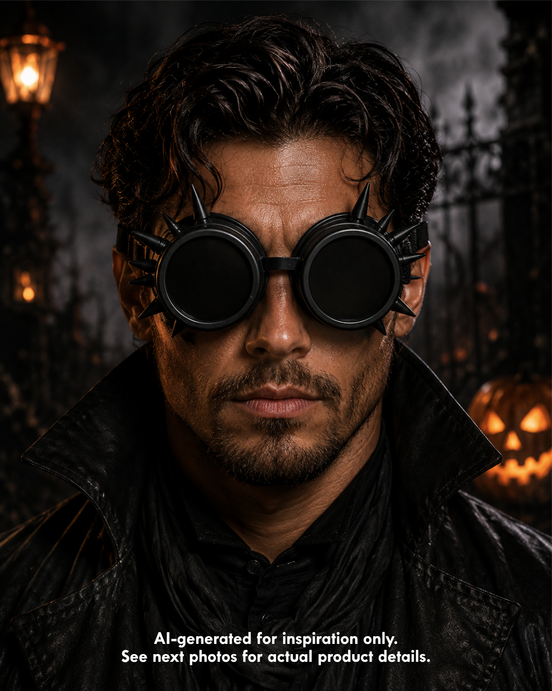 Black Irongear steampunk goggles with dark round lenses, matte black frames, pointed spikes, and an adjustable elastic head strap.