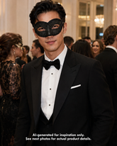 Black glitter masquerade mask featuring a structured  eye-mask silhouette, teardrop and scroll motifs, braided edge trim, and black ribbon ties for masquerade balls, Mardi Gras, black tie parties, and formal costume events.