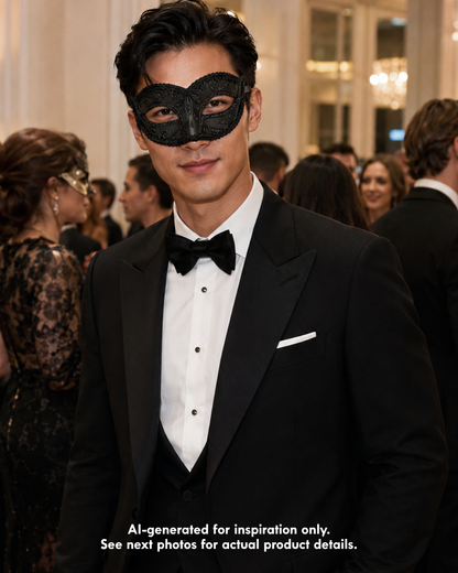 Black glitter masquerade mask featuring a structured  eye-mask silhouette, teardrop and scroll motifs, braided edge trim, and black ribbon ties for masquerade balls, Mardi Gras, black tie parties, and formal costume events.