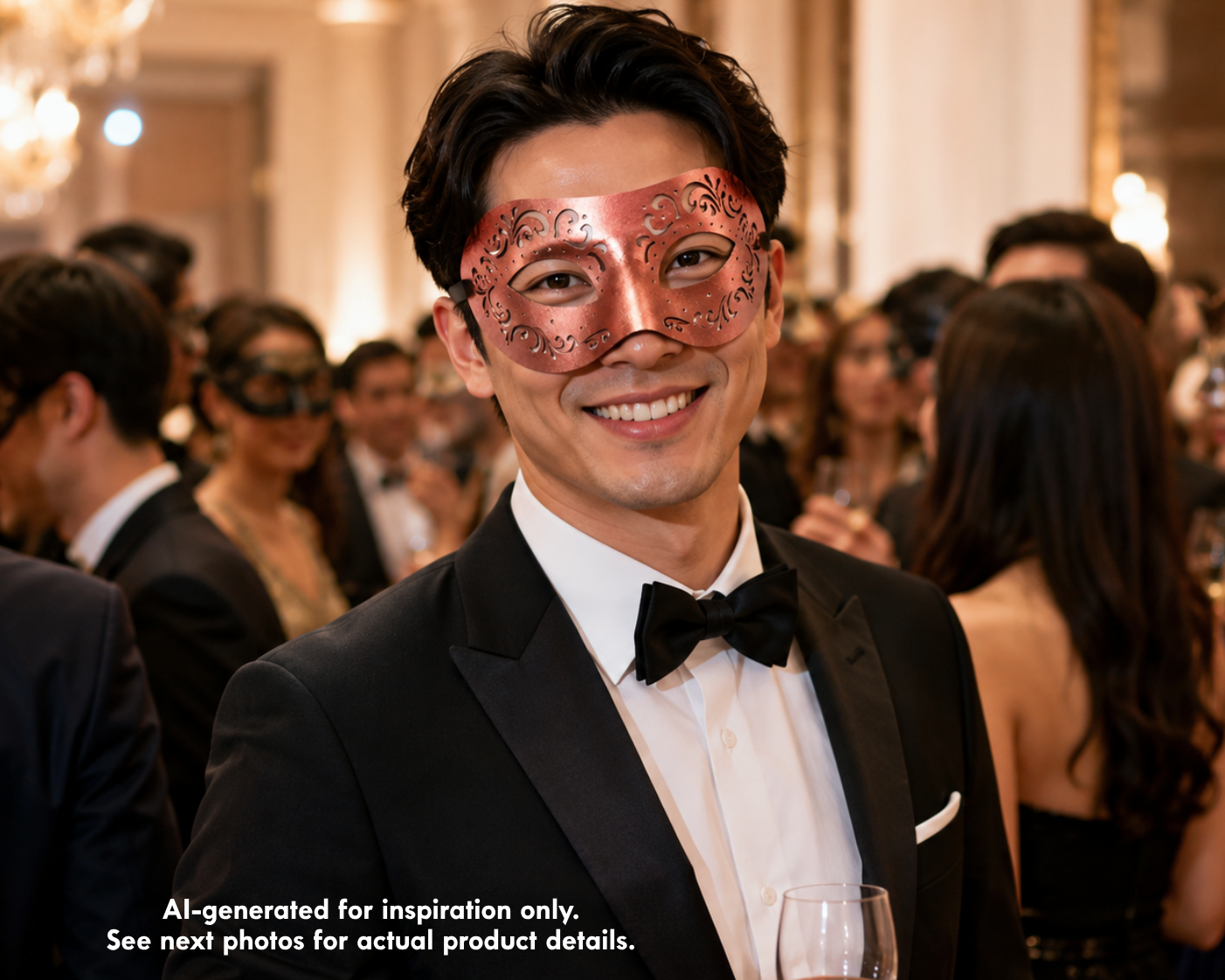 Copper vegan leather masquerade mask with symmetrical floral scroll cutouts, almond eye openings, and black ribbon ties.