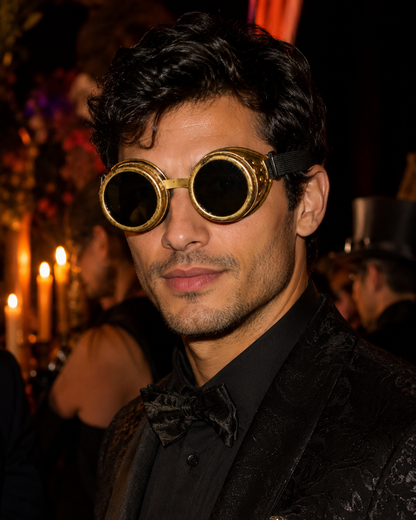 Antique gold Golden Foundry steampunk goggles with dark round lenses, distressed metallic frames, decorative side vents, and adjustable black strap.