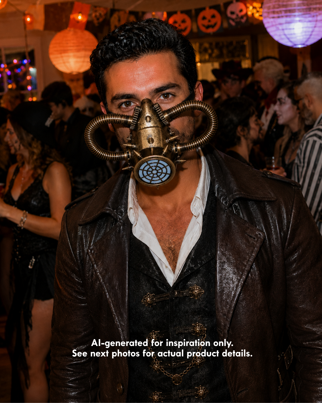 Antique gold Golden Ironveil steampunk gas mask with circular respirator grille, large coiled tube loops, pointed spikes, gears, and distressed finish.
