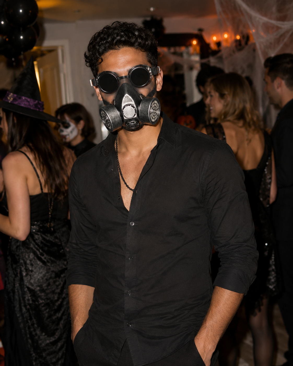 Black cosplay gas mask with matching black goggles, dark round lenses, and dual side filter canisters for dystopian and cyberpunk costume styling.