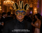 Royal Sapphire Revelry blue and gold jester mask with three black harlequin points, gold scroll patterns, blue crystal accent, bells, and ribbon ties.

