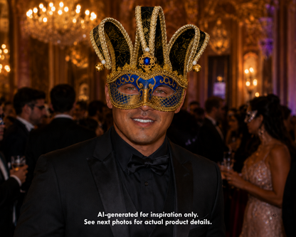 Royal Sapphire Revelry blue and gold jester mask with three black harlequin points, gold scroll patterns, blue crystal accent, bells, and ribbon ties.
