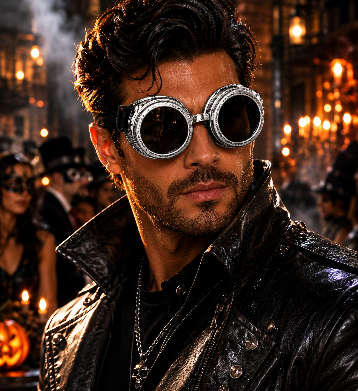 Distressed silver Foundry steampunk goggles with dark round lenses, weathered metallic frames, decorative side details, and adjustable black strap.
