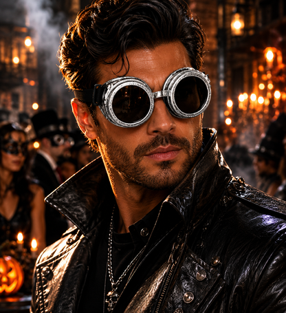 Distressed silver Foundry steampunk goggles with dark round lenses, weathered metallic frames, decorative side details, and adjustable black strap.
