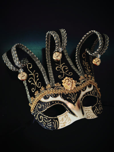 Men's jester masquerade mask in black gold.