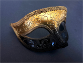 Men’s black and gold masquerade mask with ornate scrollwork and a bold Venetian design.