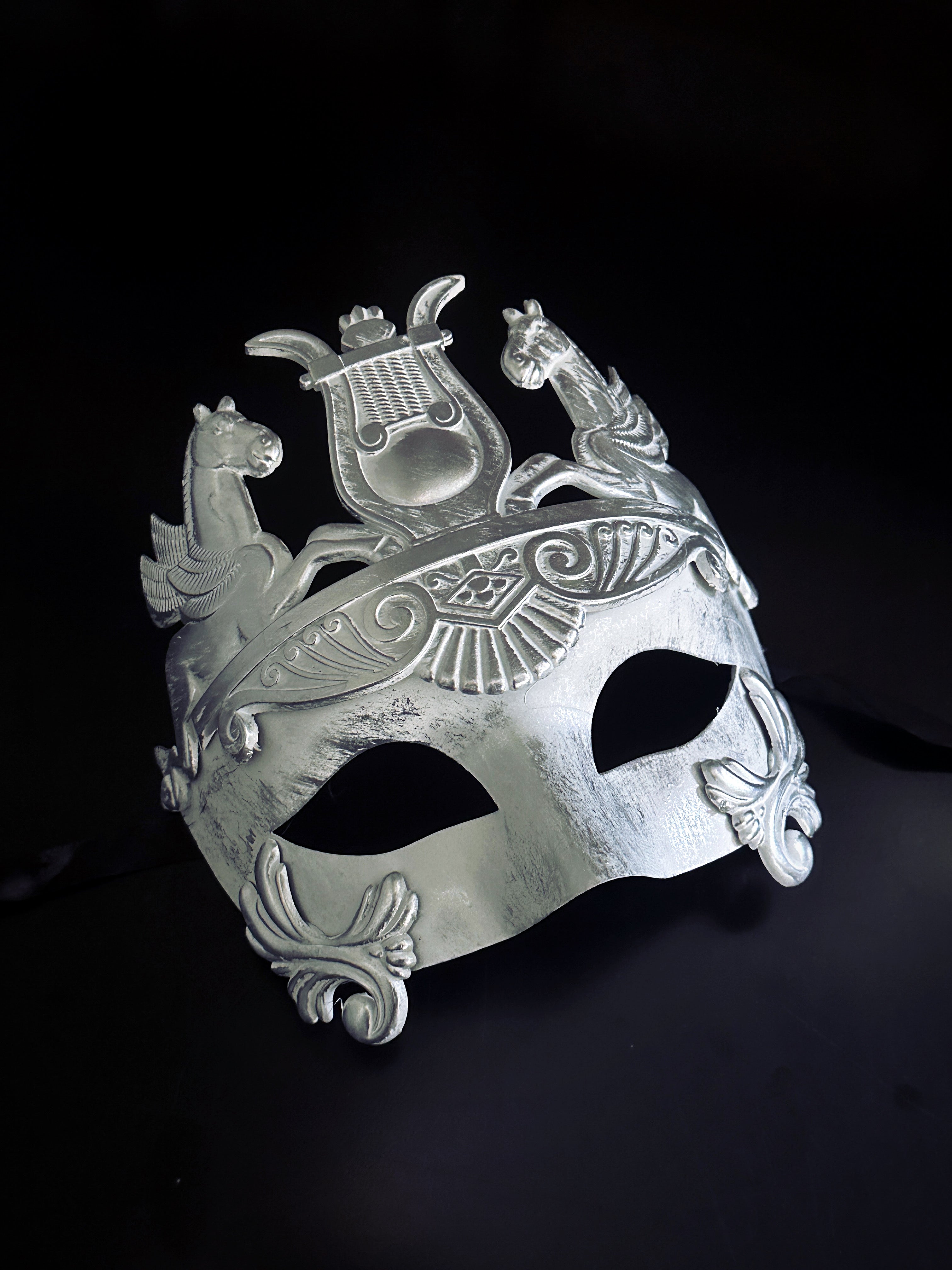 Mens masquerade mask in white silver roman gladiator style.