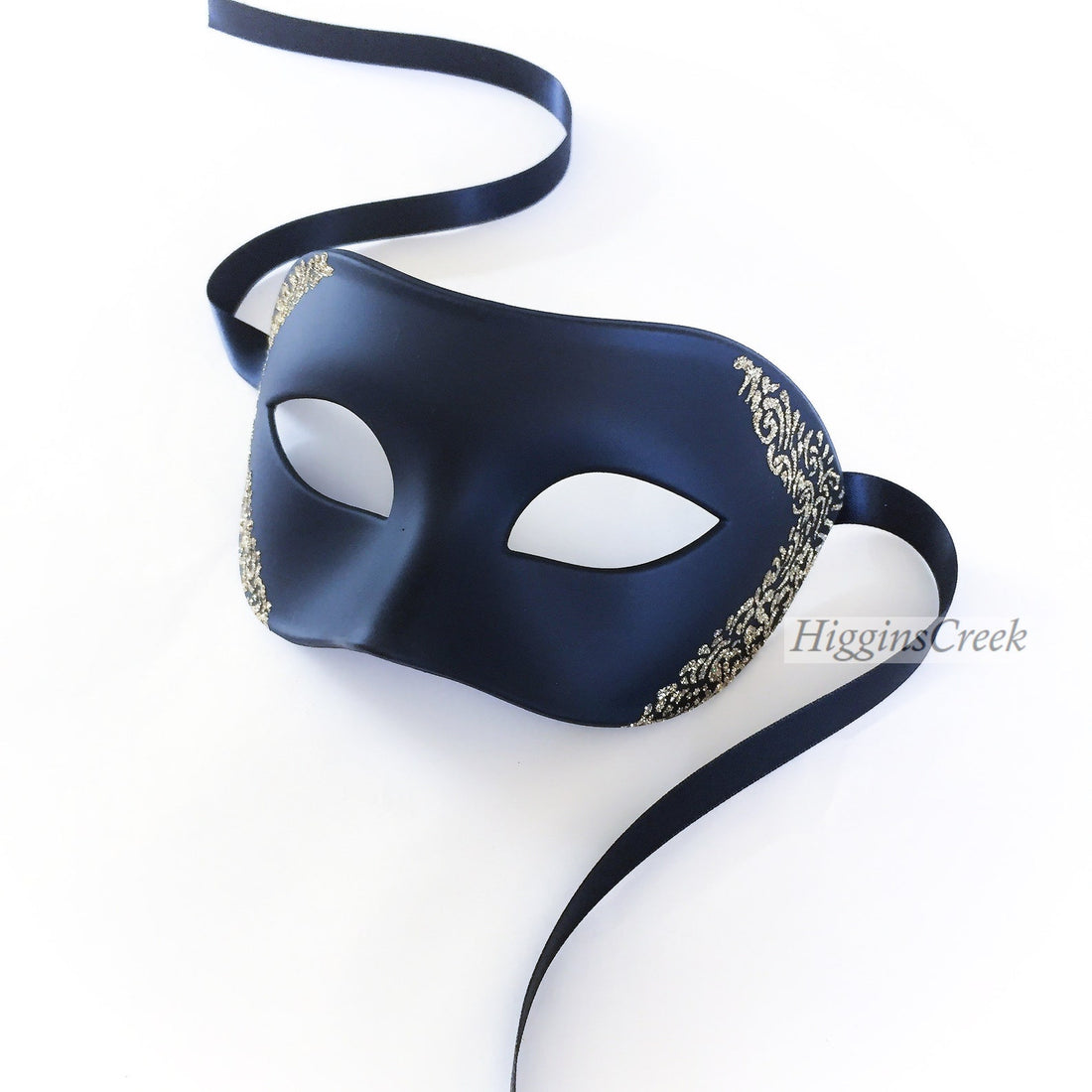 Mens masquerade mask in Venetian style in black with gold shimmer sides for sale.