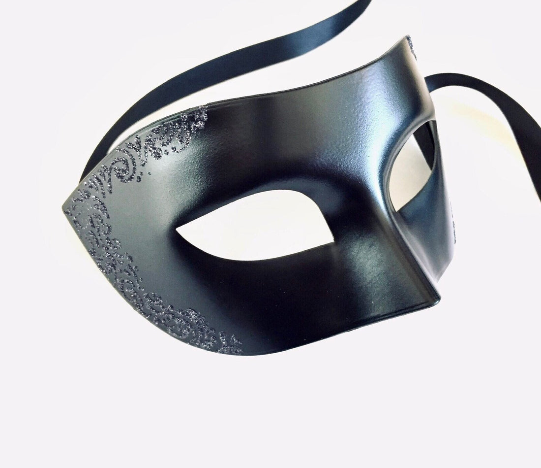 Mens masquerade venetian filigree mask in black for sale.