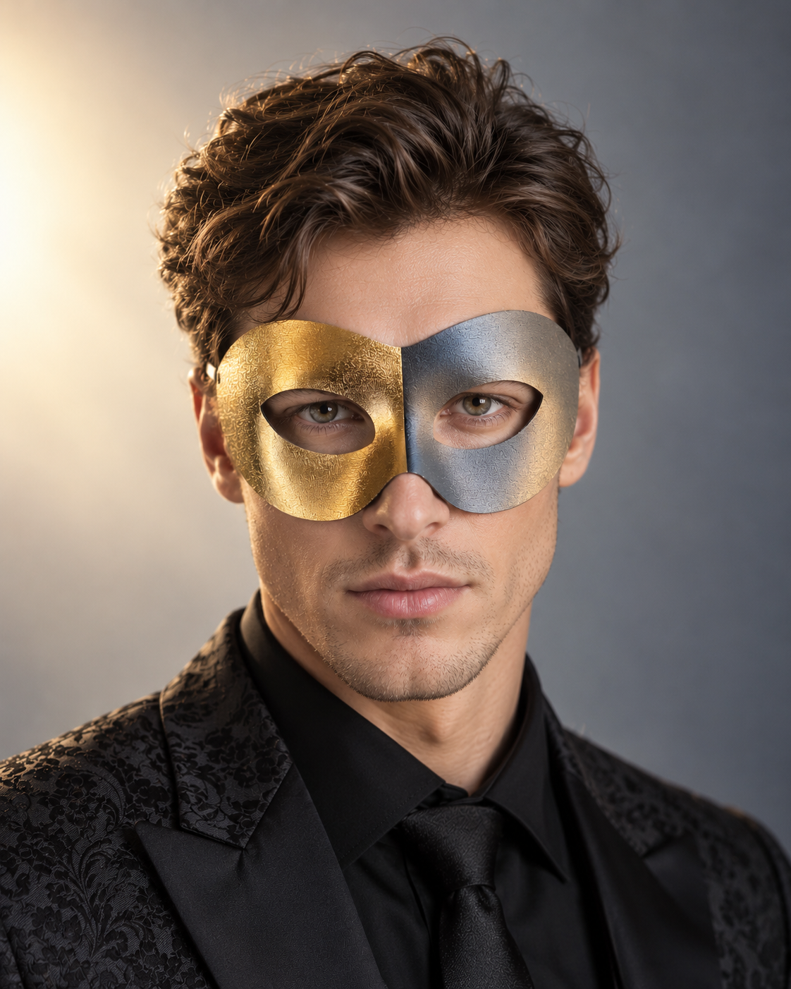Metallic Harmony Masquerade Mask with split gold and silver metallic finish for Venetian masquerade balls and elegant formal events.