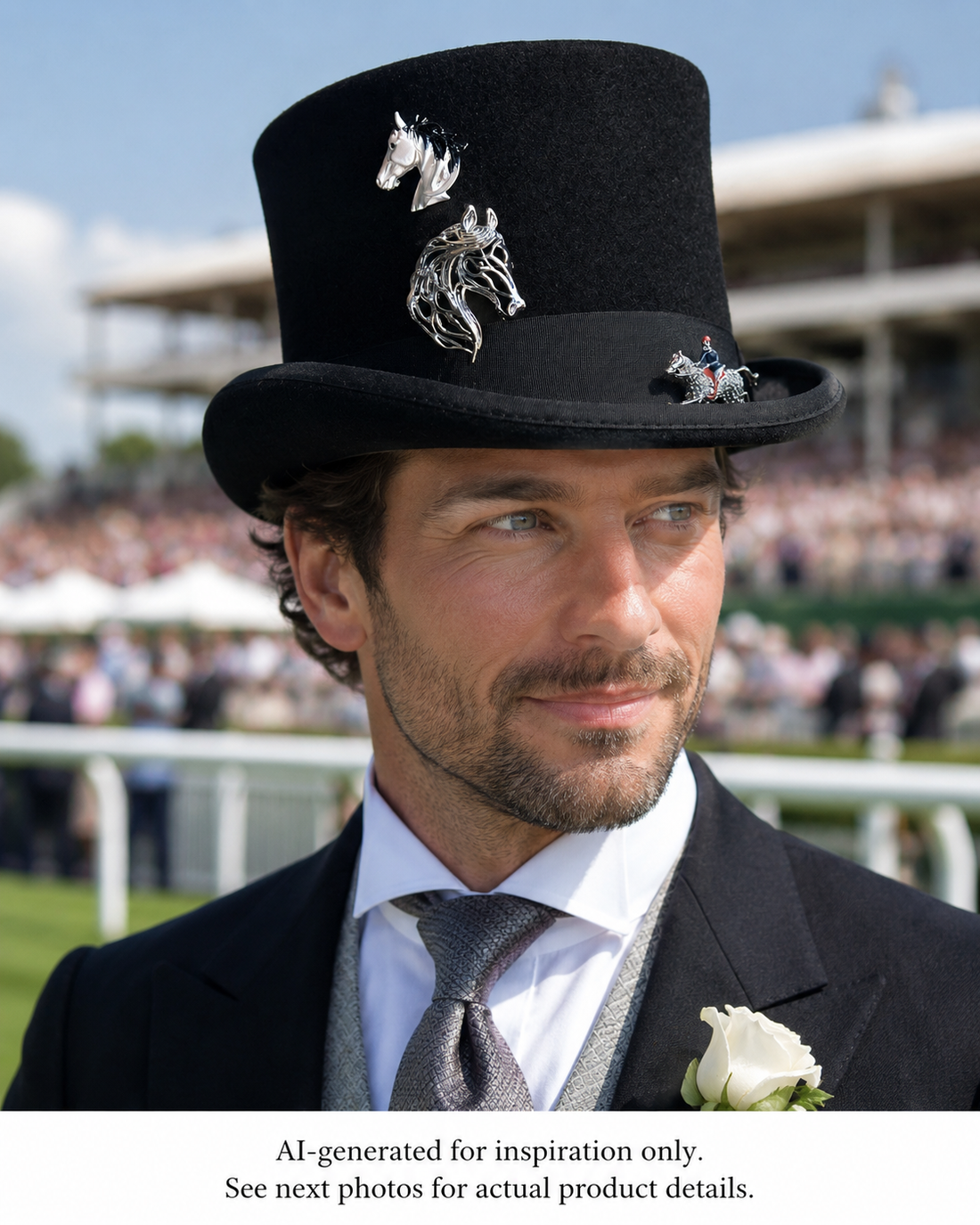 Midnight Derby Equestrian Top Hat in black with silver horse embellishments, black band, and formal race-day styling.
