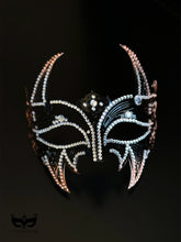 Midnight Inferno black horned crystal masquerade mask with clear rhinestones, tall curved points, gothic openwork details, and Halloween styling.