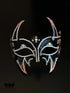 Midnight Inferno black horned crystal masquerade mask with clear rhinestones, tall curved points, gothic openwork details, and Halloween styling.