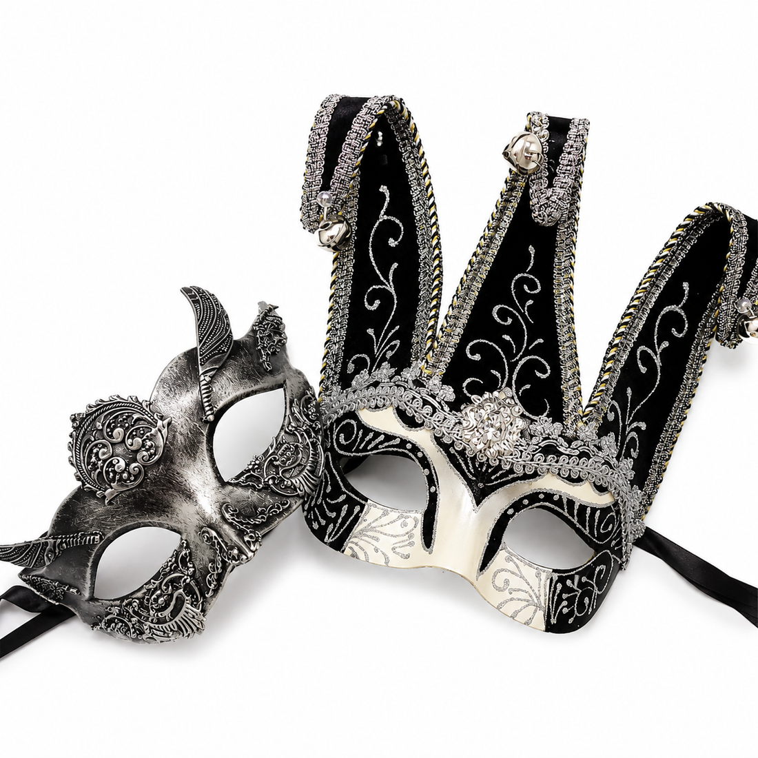 Midnight Jester Royale black and silver couples mask set with sculpted men’s fantasy mask and women’s three-point harlequin mask with bells.