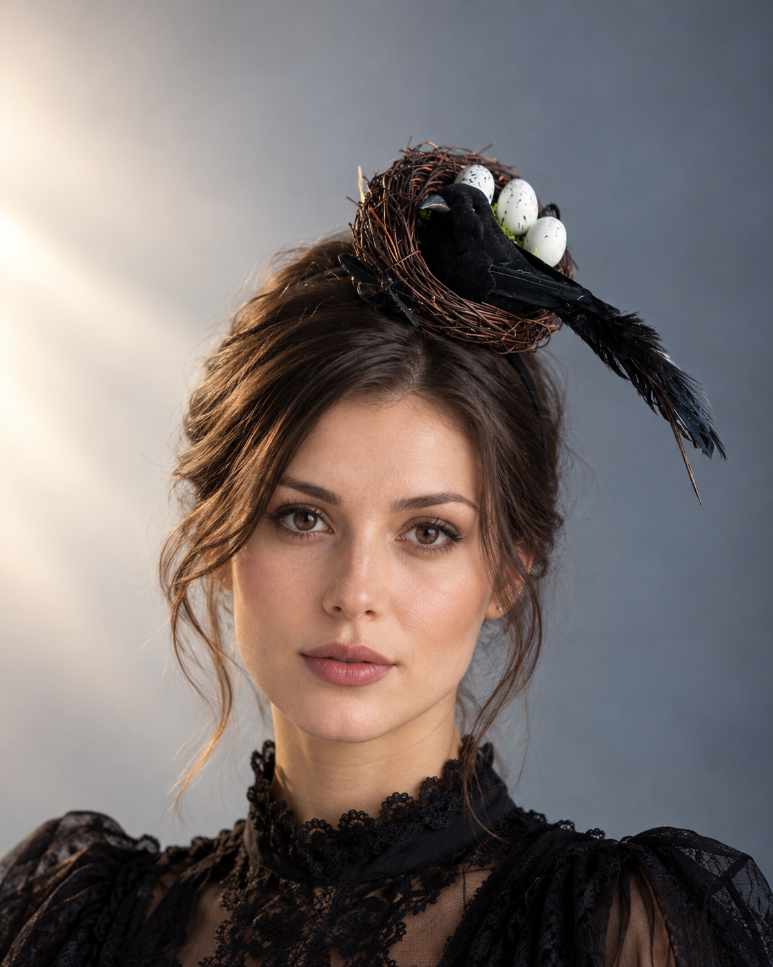 Midnight Raven Nest Fascinator featuring a black raven with long feathered tail, three white speckled eggs, rustic brown twig nest, and black headband.