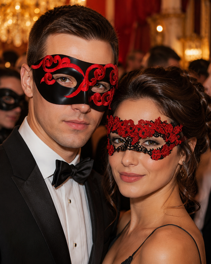 Midnight Rose red and black couples masquerade mask set with men’s black scroll mask and women’s black lace floral mask.