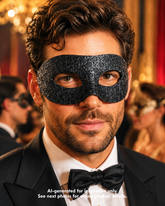 Midnight Weave black men’s masquerade mask with raised woven texture, half-face shape, sculpted nose bridge, and formal party styling.