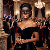 Midnight Fleur black crystal masquerade mask with fleur-de-lis crest, intricate filigree lattice, clear rhinestones, and black ribbon ties.