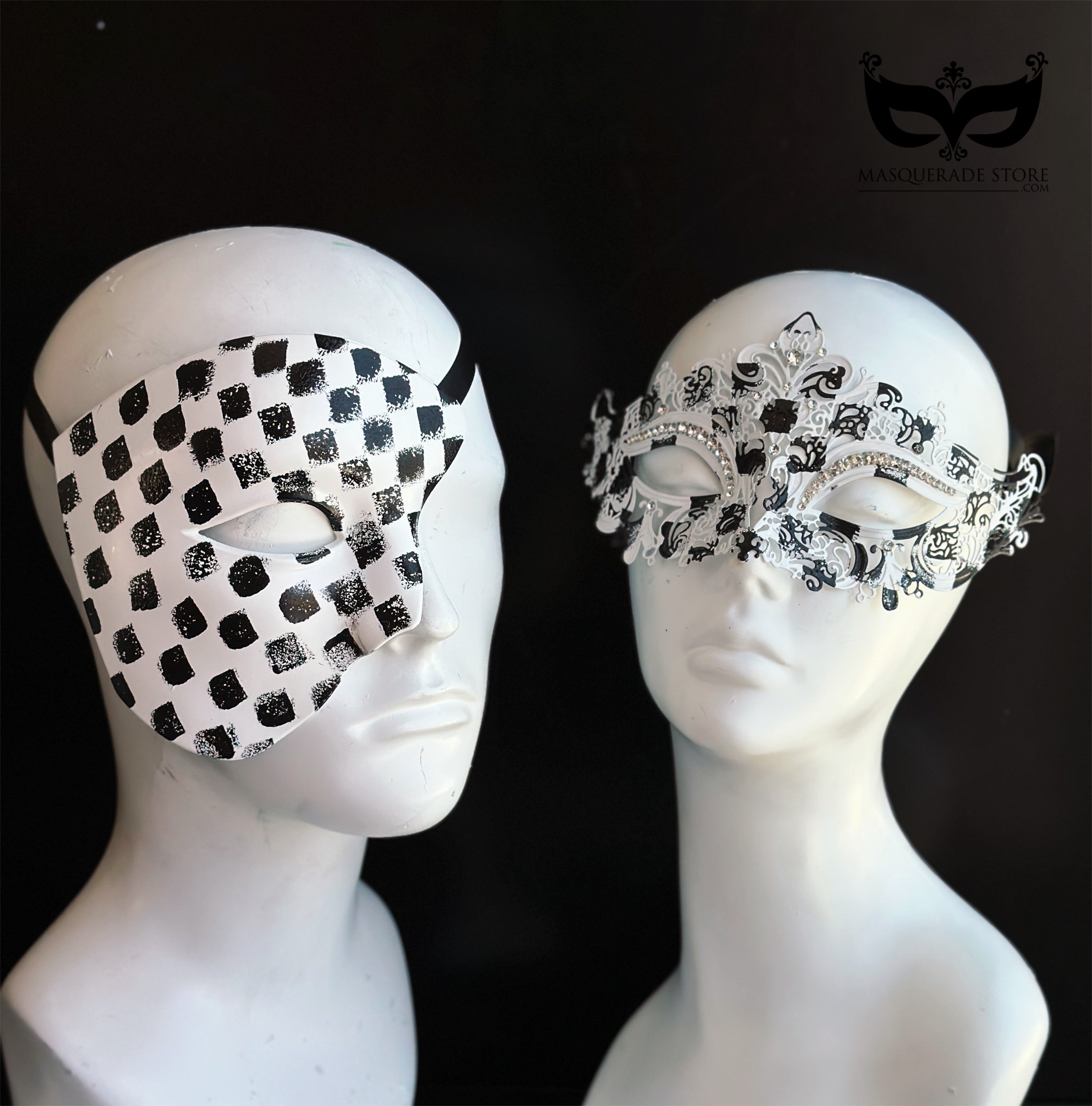Monochrome Masquerade black and white couples mask set with men’s checker-pattern half mask and women’s ornate filigree crystal mask.