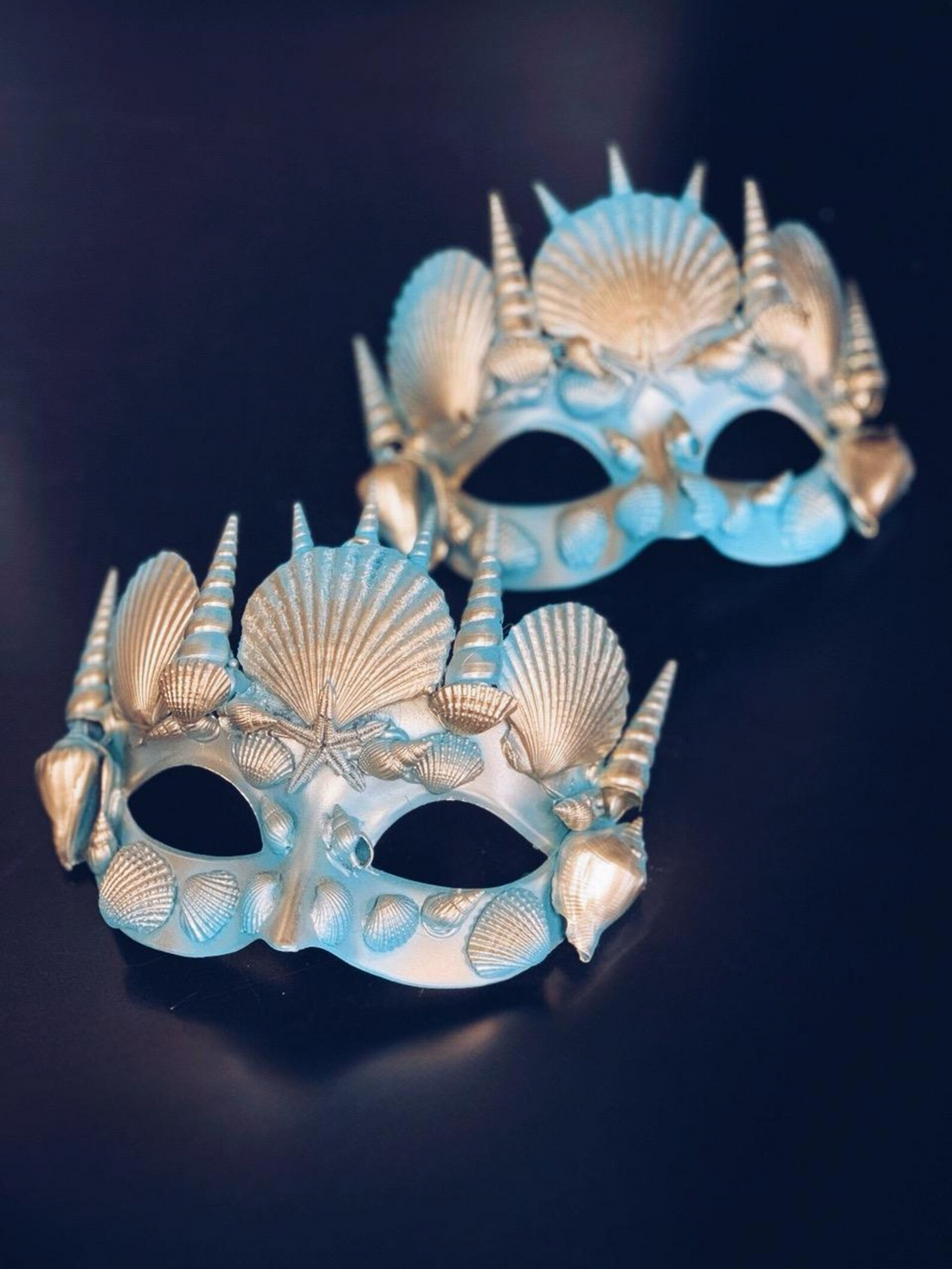 Seashell masquerade mask set with gold shells and ocean details for couples.