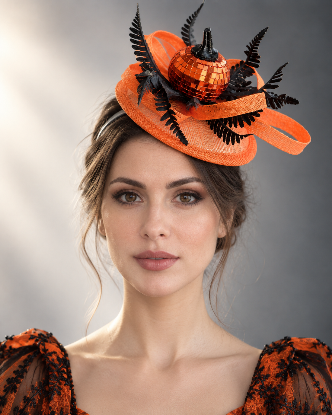 October Ember Fascinator with glitter orange pumpkin, orange sinamay loops, and black fern botanical accents.