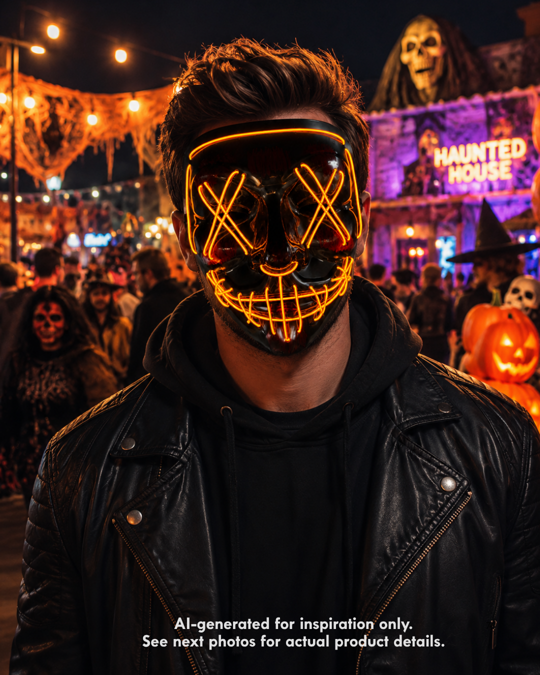 Orange Voltage LED light-up mask with glowing orange X eyes, stitched smile design, full-face shape, replaceable battery, and three lighting settings.