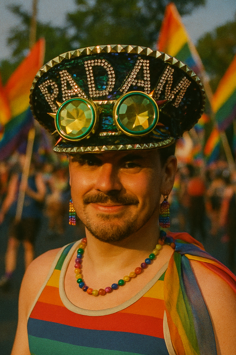 LGBTQ masquerade parade hat with bold lettering and glitter details