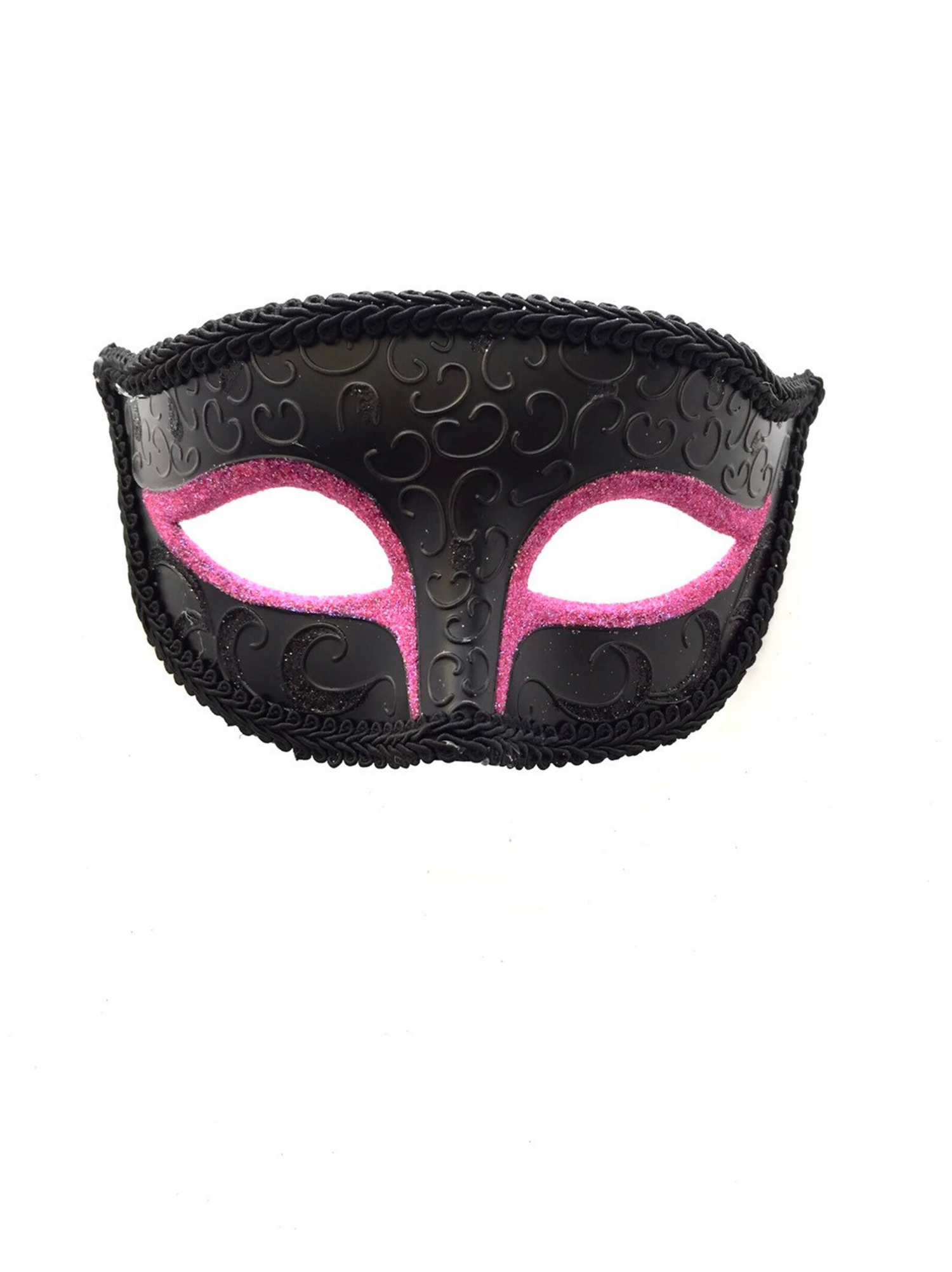 Black and pink couples masquerade mask set with lace, feathers, and rhinestone details.